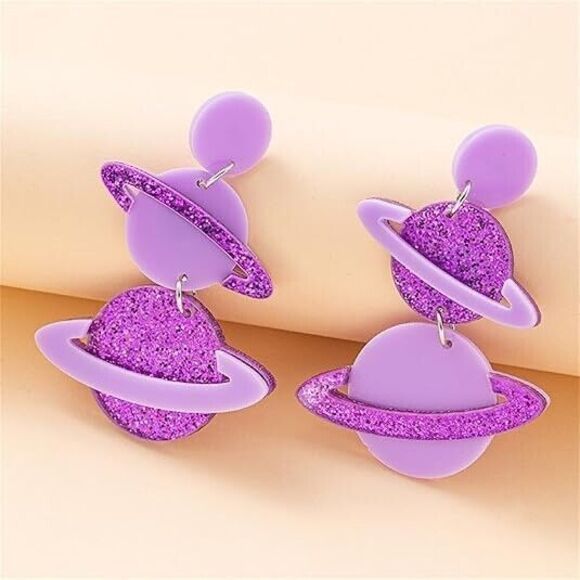 Cute Planet Earrings for Women Creative Acrylic Moon Star Earth Planet Satellite - Picture 1 of 2